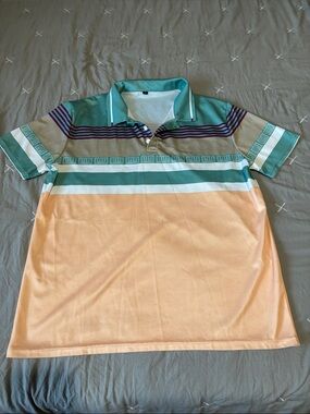 Mens Striped Polo Shirt in Peach & Teal